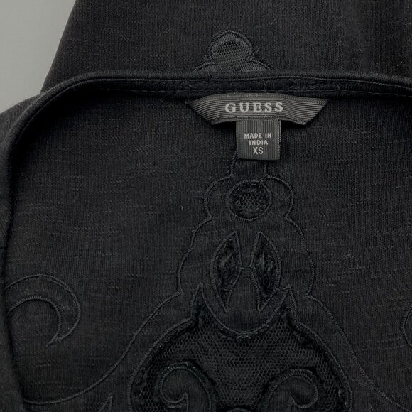 Guess Sleeveless Black Knit Bodycon Mini Dress Mesh Insert BacK Floral Cutout XS - Picture 5 of 7